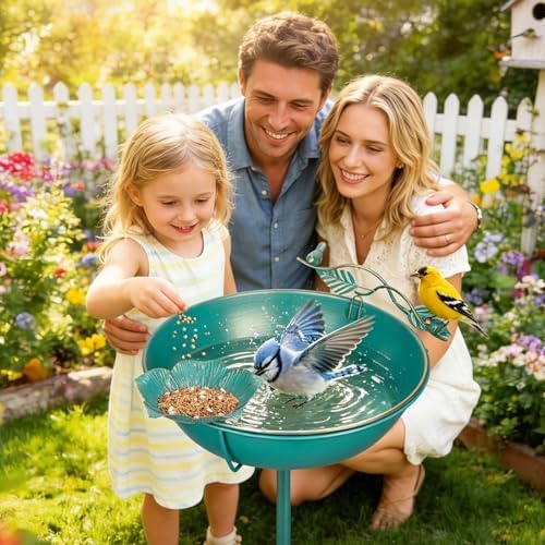Mellbree Bird Bath for Outside 13", Metal Freestanding 13" Dia 39" H Lake Blue Gold Gilding Birdbath with Perch & Feeder Bowl, Multi-Functional for Garden Patio Yard Lawn Outdoor Decor