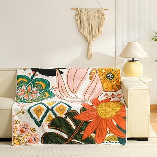 Tyrot Boho Floral Flannel Fleece Throw Blanket – Soft, Warm & Lightweight Fuzzy Blanket for Couch, Bed, or Sofa Decor, Cute Botanical Design for Women & Girls, 50''x60''