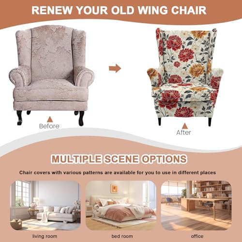 HAOYONG 2 Piece Wingback Chair Covers Stretch Wing Chair Slipcover Printed Wing Back Chair Covers with Arms Washable Spandex Fabric Armchair Cover Protection Furniture for Living Room and Bedroom