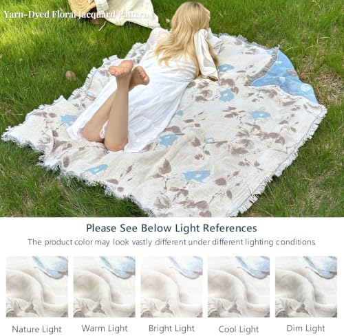 Simple&Opulence Cotton Muslin Throw Blanket 50"x60", Reversible Yarn-Dyed Vintage Blue Floral Jacquard, 3-Layer Gauze with Tassels, Lightweight Breathable All-Season Decorative Blanket for Bed Couch