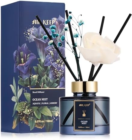 Airkeep Flower Reed Diffusers Set, 5.07 oz Ocean Mist Scented Oil Diffuser with 8 Reed Sticks, Home Fragrance Diffuser Gift Set for Bathroom & Office Decor 150ml