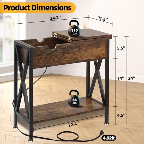 Flip Top End Table with Charging Station, 12" D x 24" W x 24" H, Brown