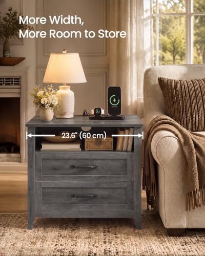 VASAGLE Farmhouse Nightstand with Charging Station, 2 Drawers, Open Shelf