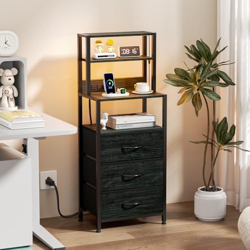 Furnulem Night Stand, Tall Nightstand with Charging Station for Bedroom