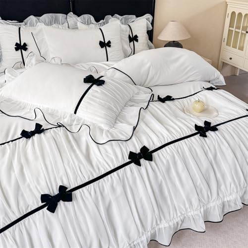 Ruffle Beddding Set with Bowtie,Girls Lace Bedding,White Queen Comforter Cover Set, Chic Ruffled Duvet Cover with Lovely Bow,Princess Style 1 Duvet Cover with 2 Pillowcases, No Comforter
