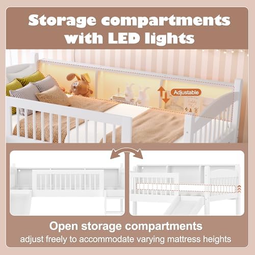 Bellemave Twin Loft Bed with Slide and Ladders, Solid Wood Low Loft Bed with Storage Shelves and LED Lights, Loftbed Frame for Kids, Boys, Girls, Childlike and No Box Spring Needed Design, White