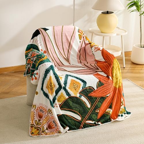 Tyrot Boho Floral Flannel Fleece Throw Blanket – Soft, Warm & Lightweight Fuzzy Blanket for Couch, Bed, or Sofa Decor, Cute Botanical Design for Women & Girls, 50''x60''