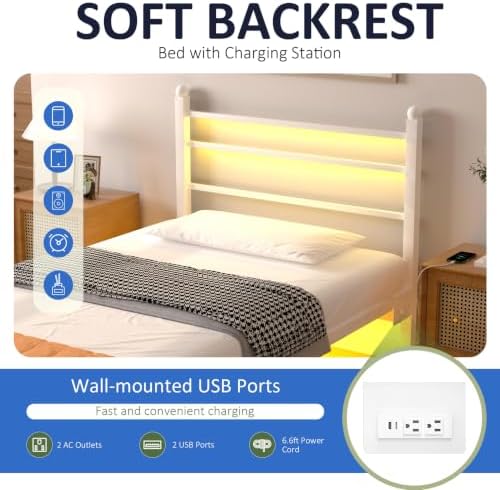 J.Fkne Twin Bed Frame with LED Lights & Charging Station, Metal Platform Bed with Headboard, Heavy Duty Metal Slats, No Box Spring Needed, Noise Free, Easy Assembly, White