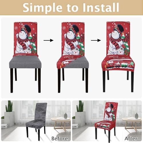 SearchI Christmas Chair Covers Set of 6, Stretch Xmas Kitchen Chair Cover Removable Washable Holiday Parsons Chair Slipcovers for Dining Room, Christmas Decoration, Ceremony(Christmas-Snowman)
