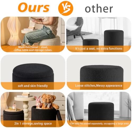 BLEXA Set of 2 Round Storage Ottoman, Black Boucle Ottoman with Storage