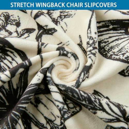 HZDHCLH Wingback Chair Slipcover 2 Piece Plush Velvet Stretch Wingback Chair Cover Washable Black Butterfly Wildflower Print Furniture Protector for Living Room Bedroom Hotel