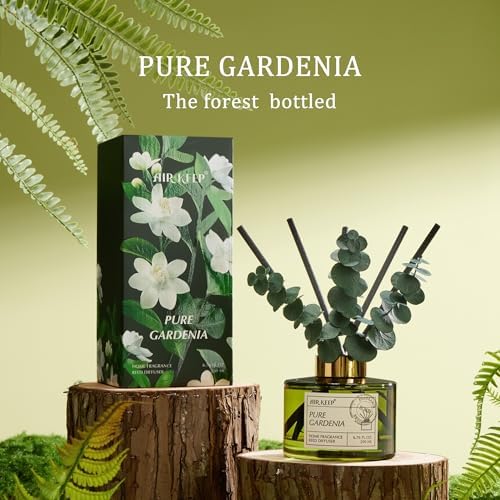 Airkeep Reed Diffuser Set with 6.76 fl oz Pure Gardenia Scent Essential Oils and 3 Leaves & 8 Diffuser Sticks,Bathroom Shelf Decor & Air Freshener, House Bedroom Office Decor & Gifts