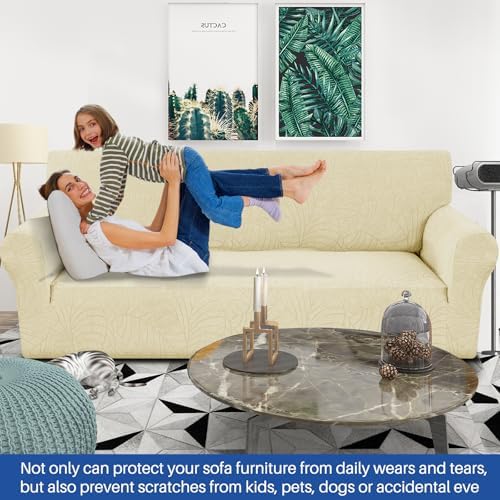 YEMYHOM Couch Cover Latest Jacquard Design High Stretch Sofa Covers for 3 Cushion Couch, Pet Dog Cat Proof Slipcover Non Slip Magic Elastic Furniture Protector (Large, Begonia Leaf Beige)