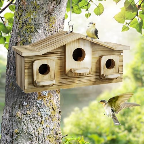 Auslar Bird House for Outside, 3 Hole Wooden Birdhouse for Outdoors Hanging