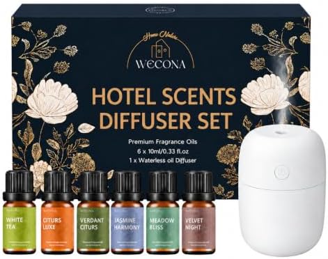 Waterless Rechargeable Waterless Diffuser – Hotel Collection Diffuser Set with 6 Hotel Essential Oils – Two Intensity Modes – Home & Office Fragrance Machine