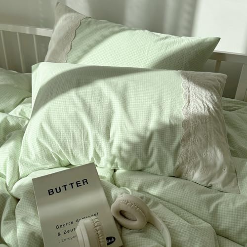 Lace Duvet Cover Set Queen(90"x90"),Green Gingham