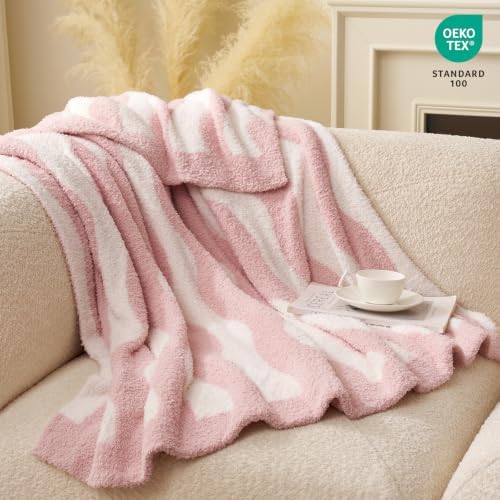 Snuggle Sac Wave Stripe Throw Blanket for Couch, Fuzzy Microfiber Blankets, Throws for Girls Daughter Gifts for Kid, Wave Pink White, 60x80 inches