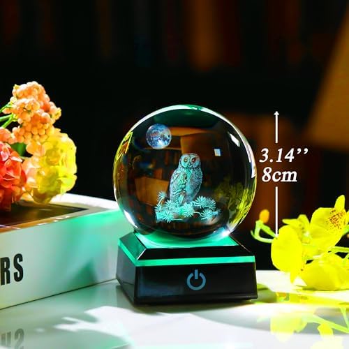Owl Gifts for Women 3D Crystal Ball 3.14'' - Laser Owl Decor Glass Animals Bird Figurines Statue Stuff for Room Decorations Bird Night Light
