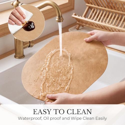 MOSAYT Vinyl Faux Leather Oval Placemats, Set of 4, Camel