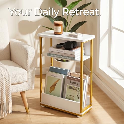 Narrow Side Table,3-Tier Slim End Table with Storage Shelf,Modern Sofa Table Thin Side Table for Small Spaces, Skinny Bedside Table Small Nightstand with Magazine Rack Space Saving/White+Gold