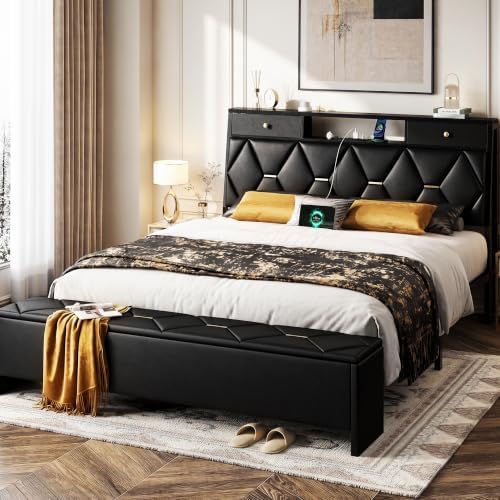 FreeHouse Queen Bed Frame with Storage Headboard and Drawers, PU Leather