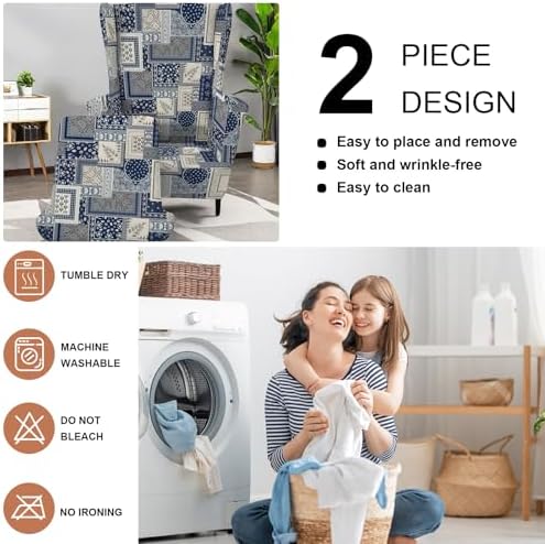 HAOYONG 2 Piece Wingback Chair Covers Stretch Wing Chair Slipcover Printed Wing Back Chair Covers with Arms Washable Spandex Fabric Armchair Cover Protection Furniture for Living Room and Bedroom