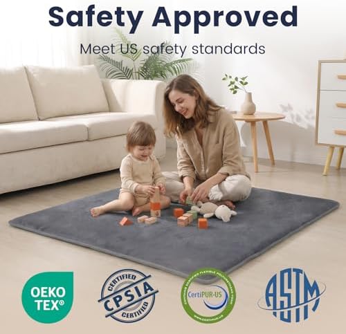 Huloo Sleep Baby Play Mat for Floor,1.3" Thick Elasti-Foam 50"×50" Playpen Mat for Tummy Time,Non-Toxic Certified Water Repellent Soft Coral Velvet for Toddler,Infant,Kids,Non-Slip Backing Safe for Crawling(Dark Grey)