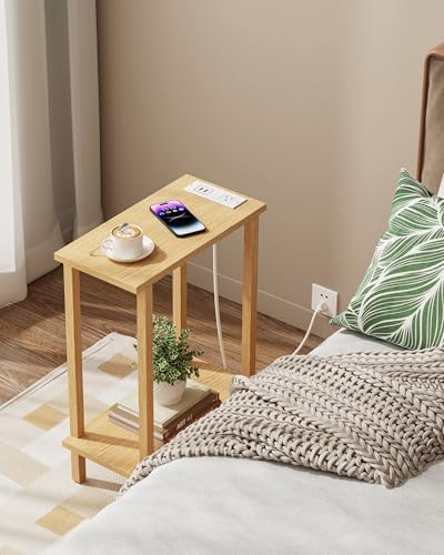 TUTOTAK Narrow Side Table, 2-Tier Small End Table with Charging Station