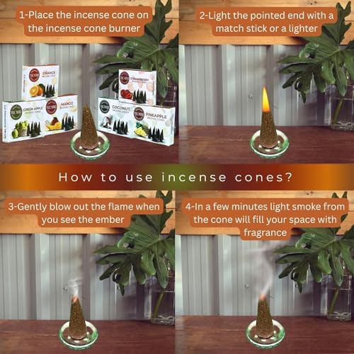 Trumiri Fruity Incense Cones - Variety Pack - Total 60 Cone Incense (6 Scents x 10 Conos) - Strawberry, Coconut, Pineapple, Apple, Mango, Orange - Cone Incense Scents - Insense Cones - Incent Cone