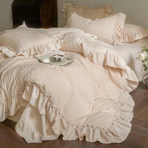 Vintage Ruffled Duvet Cover Twin XL Size - 3Pcs Khaki Wavy Jacquard Bedding