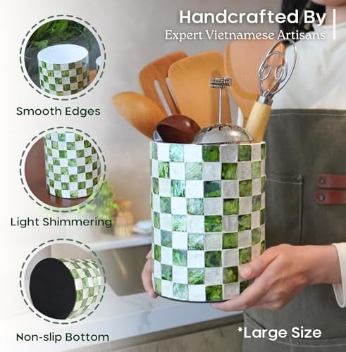Chi An Home 7,4"+5.8" Capiz Pistachio Green Checkered Utensil Holders Set 2