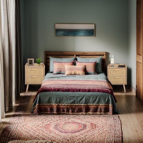 Finnhomy Nightstand with Charging Station, Bedside Table with 2 Hand Made Rattan Decorated Drawers, Night Stand with Storage for Bedroom, Natural