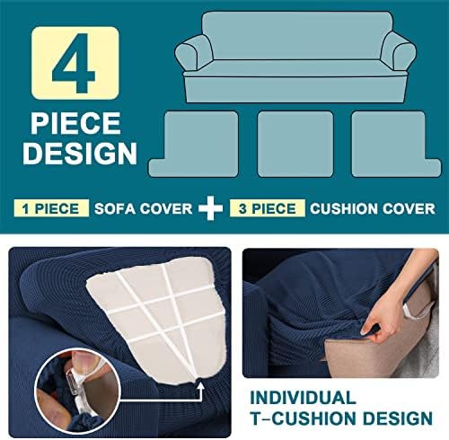 Turquoize 4 Piece T Cushion Sofa Slipcovers Stretch Couch Cover Furniture Covers with 3 Individual T Cushion Covers, Machine Washable (3 Cushion Sofa, Navy)