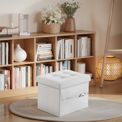 Bsketa Storage Ottoman Bench,17 Inch Folding Leather Foot Rest Stool, White