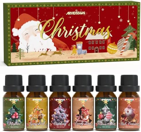 ARVIDSSON Christmas Fragrance Oil Set, Winter Essential Oils for Diffuser, Candle Making - Christmas Spirit, Gingerbread, Apple Cinnamon, Candy Cane, Mistletoe, Holiday Diffuser Oils Gift Set
