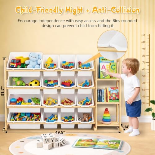 Kids Toy Storage Organizer with Bookshelf – Wooden Shelf with 16 Bins & 3 Shelves, Quick Assembly Storage Rack for Playroom, Bedroom, Nursery - White