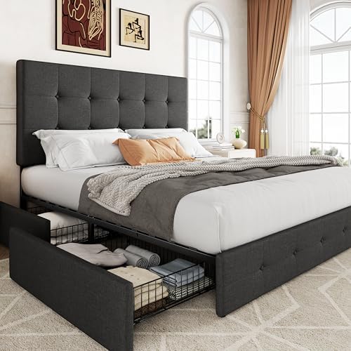 Allewie Queen Size Storage Bed Frame with 4 Underbed Drawers, Upholstered Platform Bed with Adjustable Headboard, Square Button Tufted, Easy Assembly, Noise-Free, No Box Spring Needed, Dark Grey