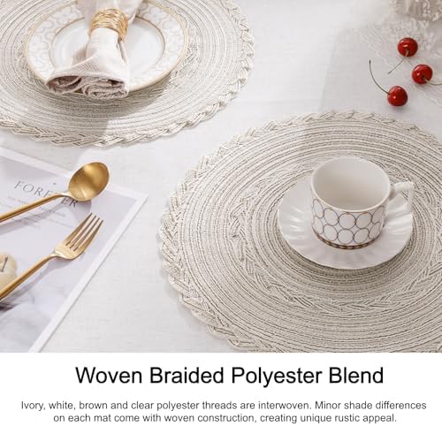 SHACOS Round Placemats Set of 4 Boho Braided Border Table Place Mats for Dining Table Wedding Holiday Party (Ivory Bordered, 4)
