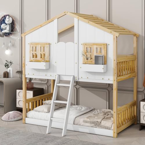 Twin Over Twin House Bunk Bed with Roof and Window, Natural White