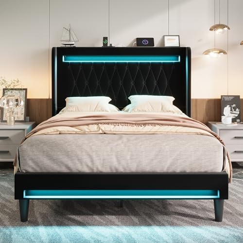 Allewie Full Size Upholstered Bed Frame with LED & Charging Station, Black