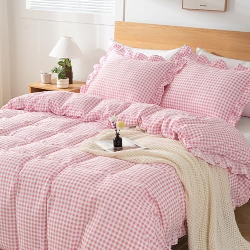 Gingham Duvet Cover King Size, 3 Pieces Soft Breathable Microfiber Plaid Duvet Cover with Zipper Closure & 2 Pillow Shams, Ruffle Farmhouse Vintage Decor, Pink