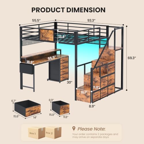 Full Size Loft Bed with 55.5" Desk and Storage Stairs, Rustic Brown