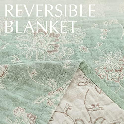 jinchan 100% Cotton Muslin Blanket Queen Boho Bed Blanket 80x90 Green/Beige