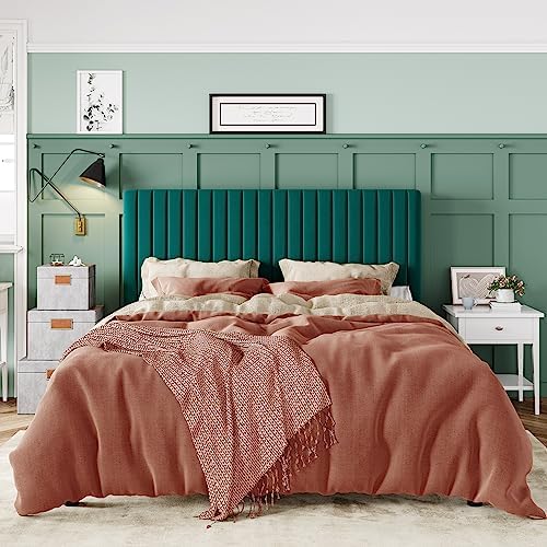 Allewie Queen Bed Frame, Velvet Upholstered Platform Bed with Adjustable Vertical Channel Tufted Headboard, Mattress Foundation with Strong Wooden Slats, Box Spring Optional, Easy Assembly, Teal