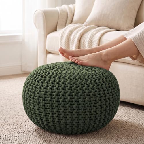 · REDEARTH · Round Pouf Ottoman - Hand Knitted Boho Poof Footrest - Olive