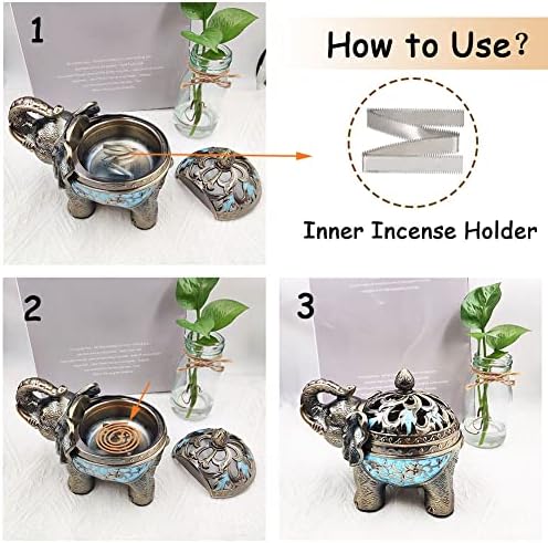 Hourwof Metal Elephant Incense Holder,Vintage Cone Coil Incense Burner with Lid,Ash Catcher,Aromatherapy Ornament Home Office Decor (Light Blue)