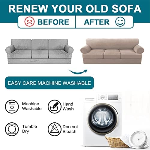 Turquoize 4 Piece T Cushion Sofa Slipcovers Stretch Couch Cover Furniture Covers with 3 Individual T Cushion Covers, Machine Washable (3 Cushion Sofa, Sand)