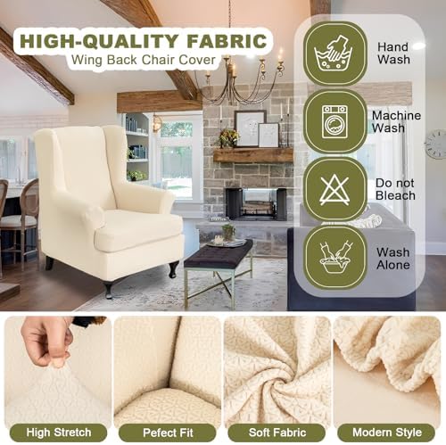 NILUOH Stretch Wingback Chair Slipcover 2-Piece Wing Chair Slipcovers Sofa Cover Furniture Protector Soft with Elastic Bottom, Spandex Jacquard Fabric,Off-White