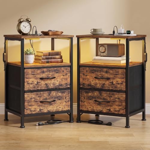 SONGMICS Nightstand with Charging Station, 2 Fabric Drawers