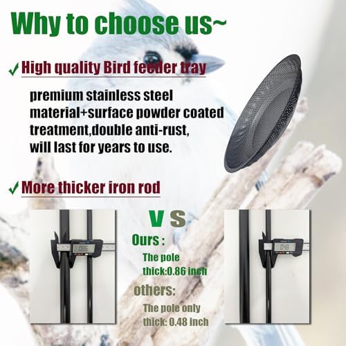 Standing Bird Feeder Tray,11.8" Stainless Steel Large Platform Bird Feeder Mesh Seed Tray with Adjustable Heavy Duty Stand Birds Feeder Pole for Outside Wild Birds in Garden Backyard